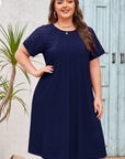 Plus Size Solid Lace Short Sleeve Pleated Dress