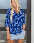 Floral 3/4 Sleeve Notched Neck Blouse
