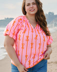 Plus Size Bow Tie V-Neck Puff Sleeve Blouse