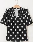 Polka Dot Shirred Notched Neck Balloon Sleeve Blouse