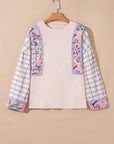 Floral Plaid Patchwork Puff Sleeve Blouse