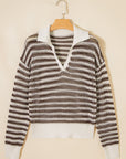 Stripe Eyelet Contrast Collared V-Neck Sweater