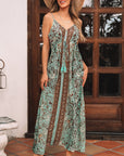 Floral V-Neck Ruffle Trim Backless Tassel Waist Dress