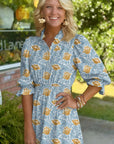 Floral Frilled V-Neck 3/4 Sleeve Midi Dress