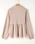 Corded V-Neck Bubble Sleeve Babydoll Blouse