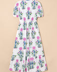 Julietta Floral Puff Short Sleeve V Neck High Waist Maxi Dress