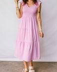 Smocked V-Neck Flutter Sleeve Tiered Midi Dress