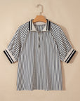 Stripe Half Zip Polo Collar Puff Sleeve Blouse