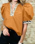 Leopard Contrast Trim Split Neck Puff Sleeve Blouse