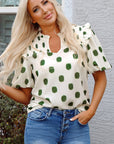 Polka Dot Shirred Notched Neck Balloon Sleeve Blouse