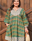 Plus Size Floral Stripe Trim 3/4 Sleeve Mini Dress