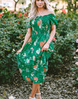 Floral Bubble Sleeve Smocked Tiered Midi Dress