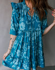 Flower 3/4 Sleeve Ruffle Tiered Dress