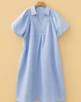 Plus Size Stripe Shirred Collared V-Neck Midi Dress