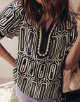 Geometric Scallop Trim Patchwork Puff Sleeve Blouse