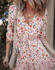 Boho Floral 3/4 Sleeve V‑Neck Maxi Dress