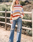 Stripe Colorblock Round Neck Drop Shoulder Sweater