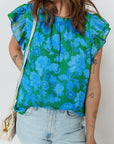 Floral Ruffle Sleeve Keyhole Back Blouse