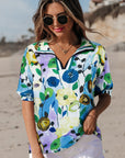 Floral Slit V-Neck Short Sleeve Blouse