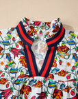 Floral Contrast V-Neck Puff Sleeve Blouse