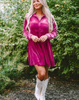 Velvet Ruffle Buttoned Long Sleeve Dress