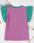 Stripe Colorblock Ruffle Sleeve Crewneck Blouse