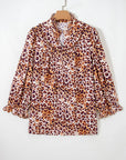 Plus Size Leopard Frilled Stand Neck Blouse