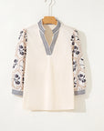Floral Patchwork Contrast V-Neck Puff Sleeve Blouse