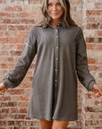 Waffle Knit Pleated Drop Shoulder Shirt Dress