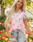 Floral Patchwork Notched Neck Flutter Sleeve Blouse