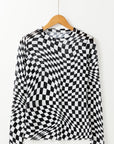 Checkered Pattern Mesh Long Sleeve Top