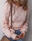 Molly Openwork Plaid Puff Sleeve Cropped Sweater