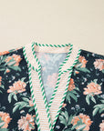 Floral Stripe Trim V-Neck Ruffle Hem Mini Dress