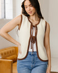 Contrast Trim Tie Front Ribbed Knit Sweater Vest