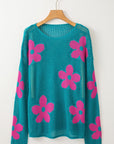 Floral Hollowed Knit Drop Shoulder Pullover Sweater