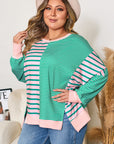 Green Stripe Color Block Exposed Seam Side Slit Plus Size Sweatshirt