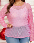 Plus Size Bow Tie Mesh Embroidered Long Sleeve Top