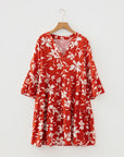 Boho Floral Lettuce Trim 3/4 Sleeve Mini Dress