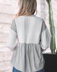 Stripe Gauze Patchwork Half Buttoned Babydoll Blouse