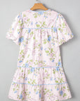 Floral Stripe Contrast Tie Split Neck Mini Dress