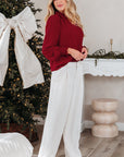 Solid Notched Neck Shirred Cuff Long Sleeve Blouse