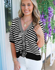 Stripe Bow Tie V-Neck Short Sleeve Sweater