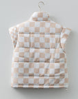 Checker Patchwork Quilted Buttoned Zip Up Vest