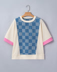 Checker Denim Patchwork Short Sleeve Loose Top