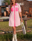 Stripe Patchwork Chest Pocket Mini Shirt Dress