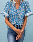 Floral Stripe Trim Tie-Neck Short Sleeve Blouse