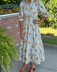 Floral Frilled V-Neck 3/4 Sleeve Midi Dress