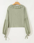 Solid Tie Front V-Neck Ruffle Trim Blouse