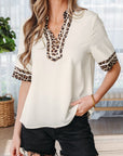 Leopard Patchwork Trim Split Neck Blouse