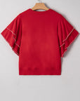 Solid Pearl Embellished Double Ruffle Sleeve Sweater